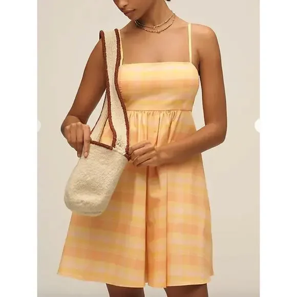 $158 Anthropologie HUTCH Bandeau Romper | sz L, Orange Yellow Plaid NEW! - Picture 1 of 11